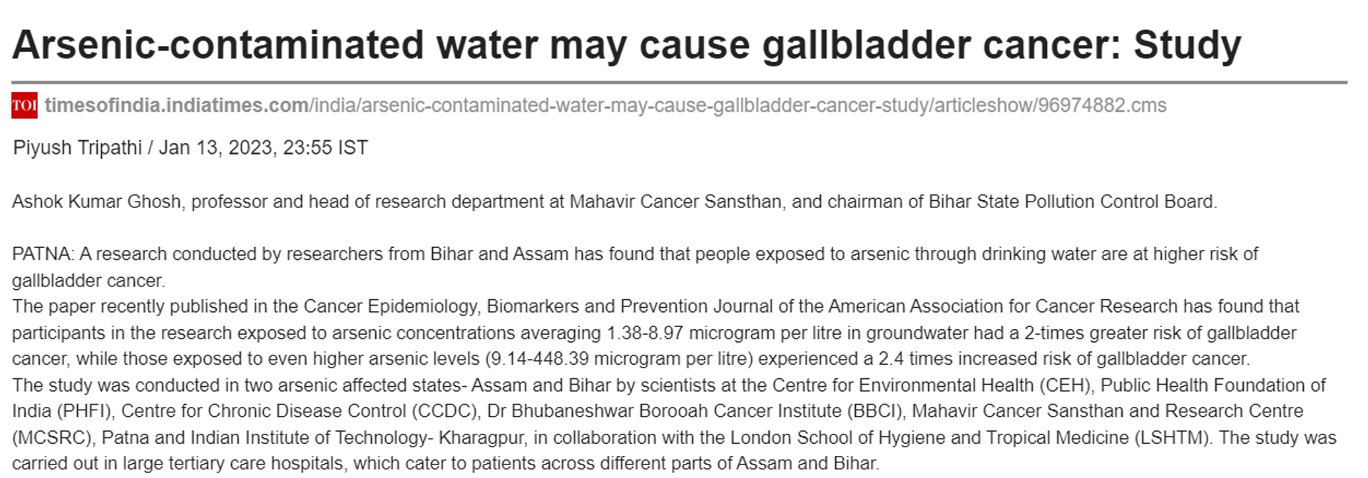 Arsenic-contaminated water may cause gallbladder cancer: Study